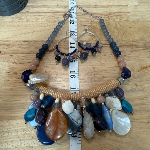 Chunky Beaded Necklace Hoop Earrings Set Gemstone Shell, Coastal, Beachy, Vacay - Picture 5 of 9